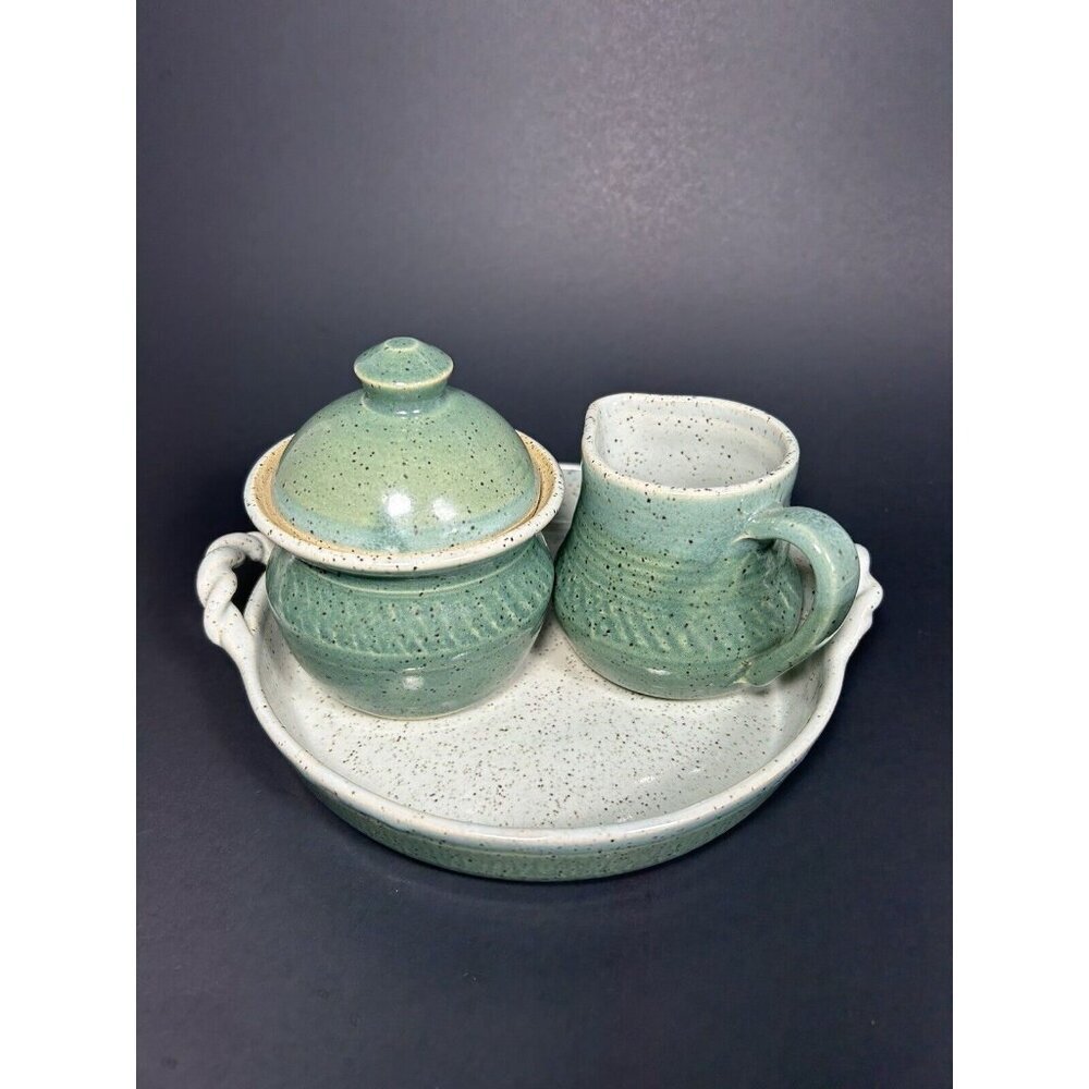 Signed Studio Art Pottery Cream And Sugar On Serving Tray Green Speckled Glaze - Picture 2 of 11